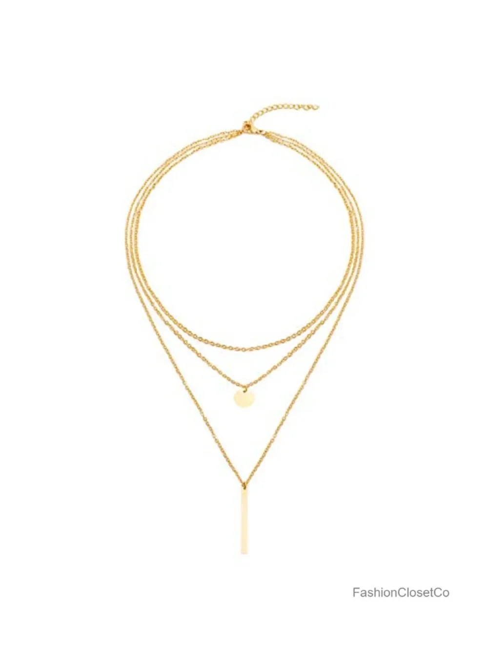 14K Gold Plated Layered Necklace Stainless Steel Chain Bar Disc Charm Choker